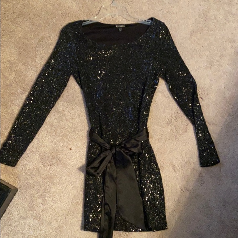 Black sequin express dress with silk sash. Size xs.